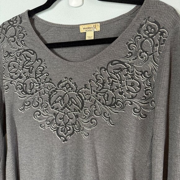 Y2K One World Waffle Knit Top Womens Small Gray Embellished Shark Bit Hem Relaxe - Picture 3 of 10